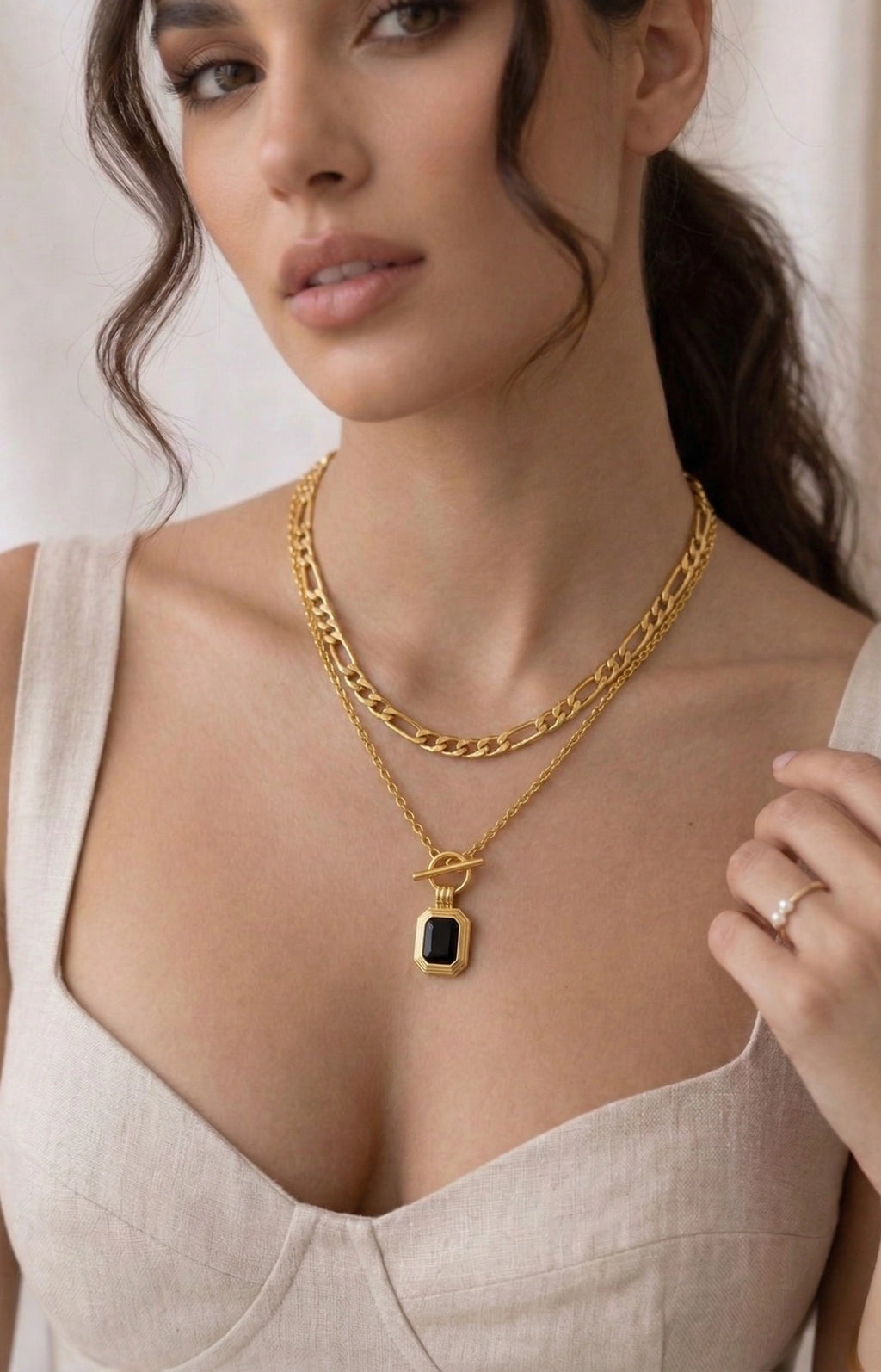 Rectangular Pendant Double Chain Necklace