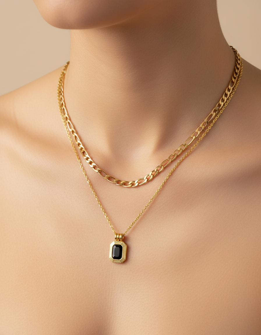 Rectangular Pendant Double Chain Necklace