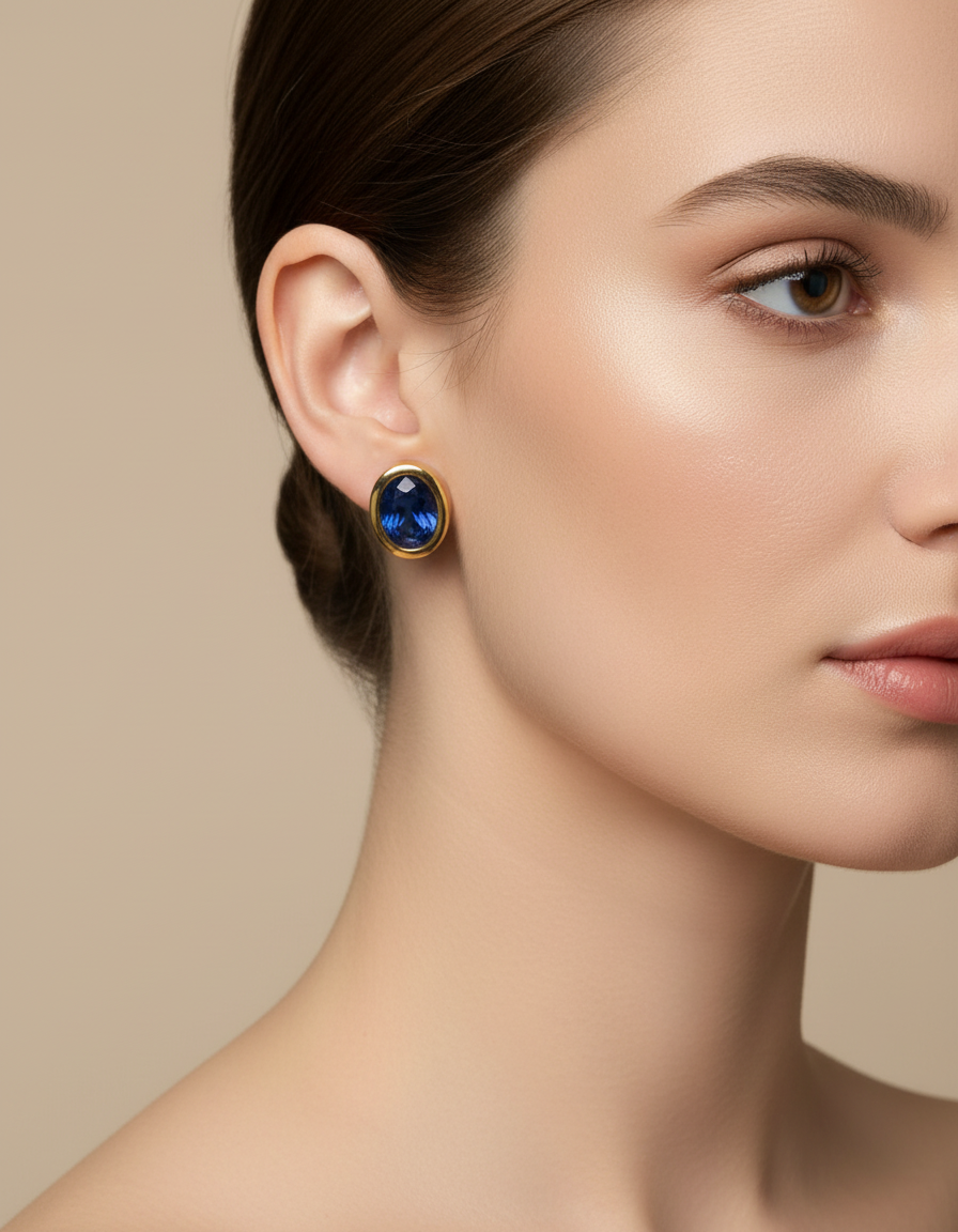 Blue Glass Oval Vintage Ear Studs
