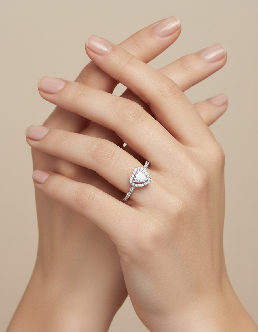 Heart Shape Zircon Rhodium Plated Ring