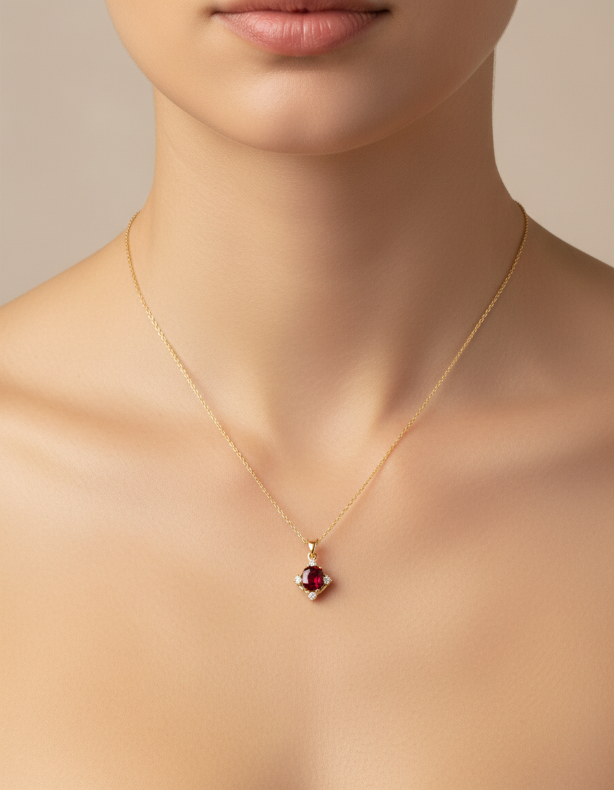 S925 Sterling Silver 14K Gold Red Zircon Necklace