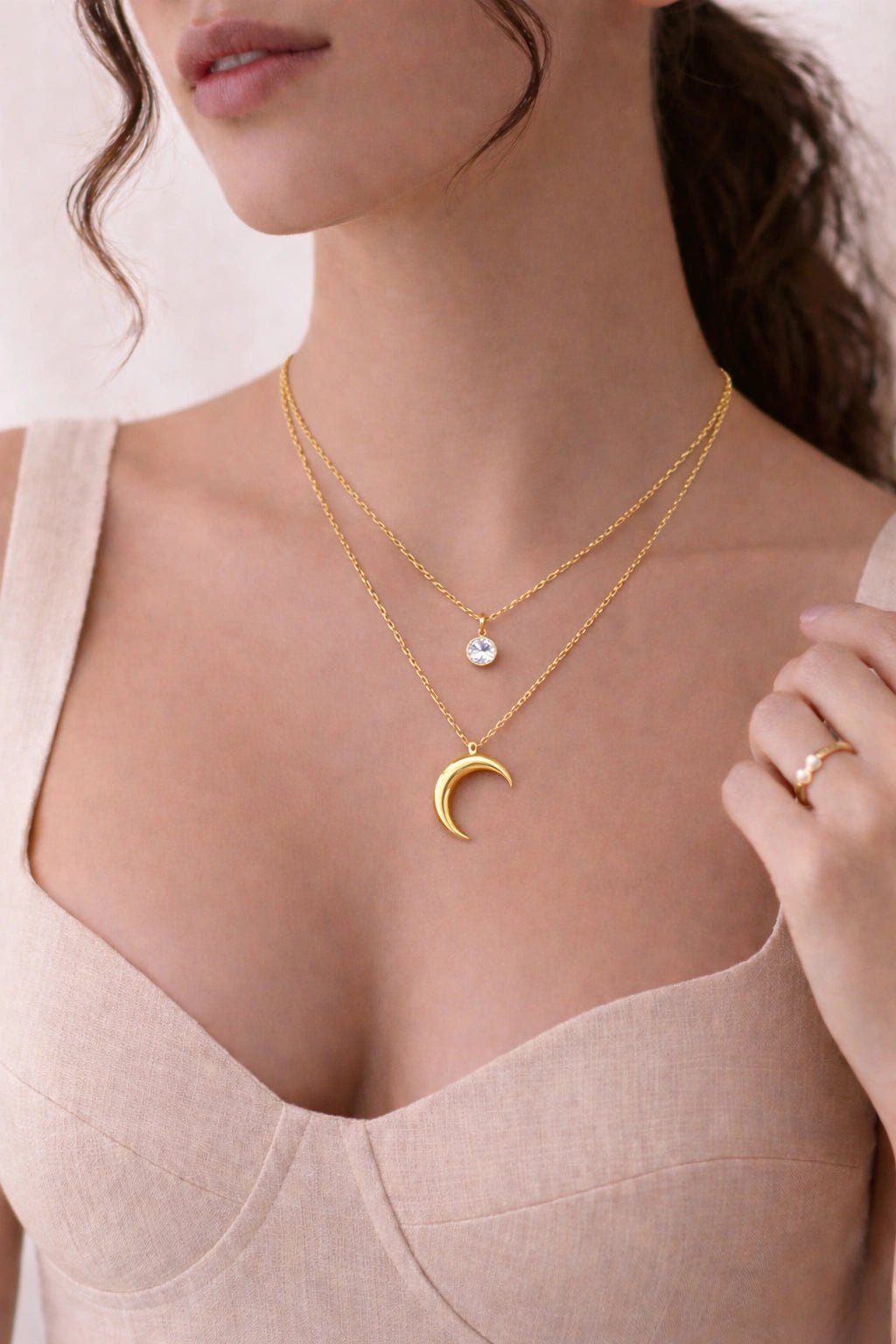 Moon & White Diamond Pendant Necklace